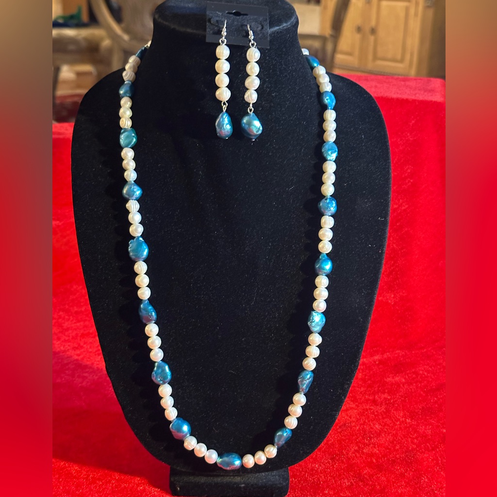 Handcrafted Dyed Turquoise & White Freshwater Pearls Necklace & Earrings Set.